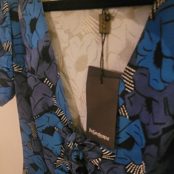 NWT YVES SAINT LAURENT Resort 2012 YSL Tie Front Blue floral Print Crepe dress - Picture 5 of 6